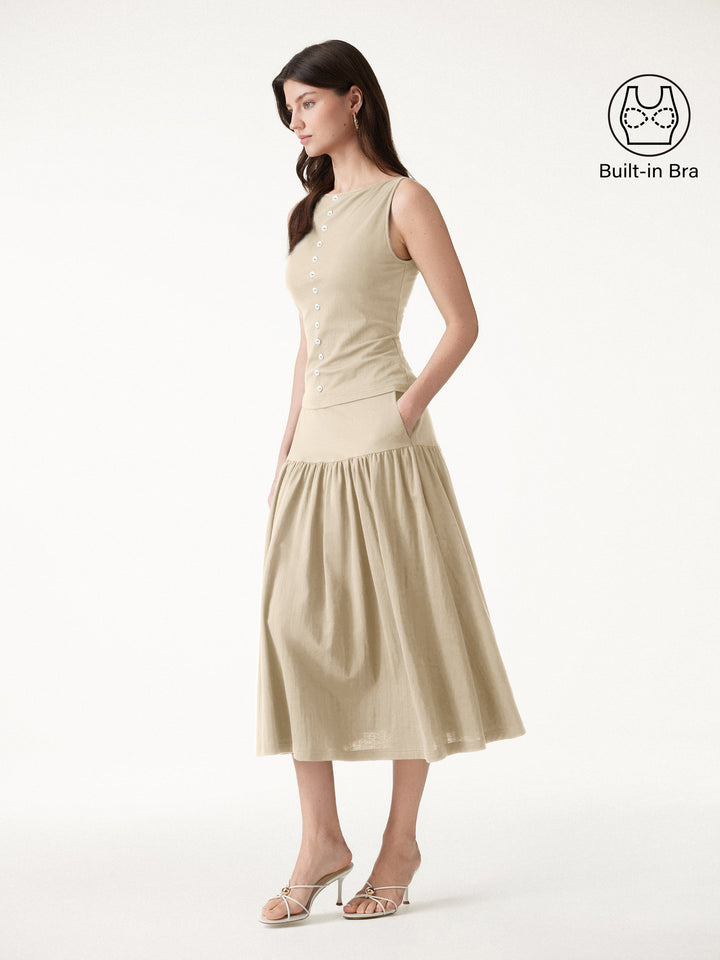 2Pcs Set Cropped Bra Top & Midi Skirt with Pockets