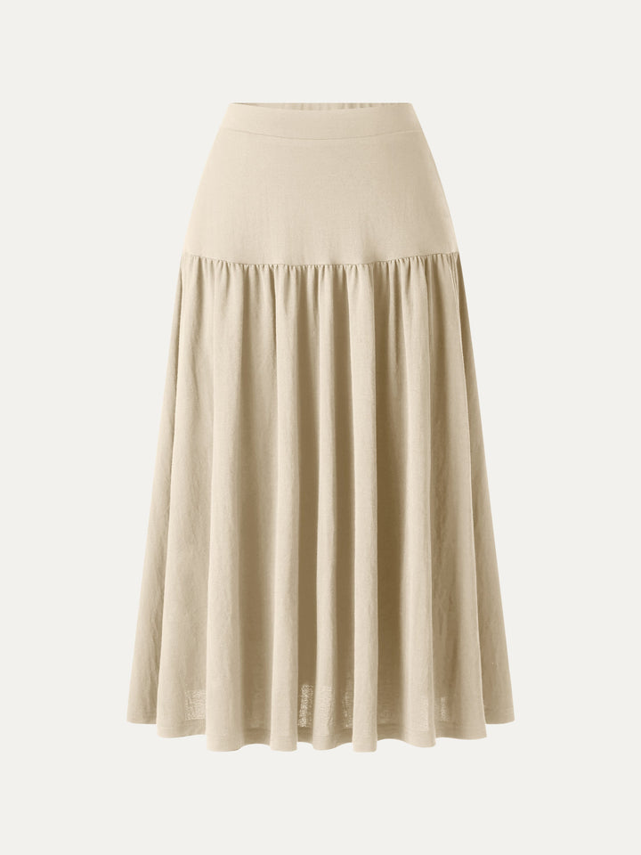 Cotton-Linen Gathered Midi Skirt with Pockets