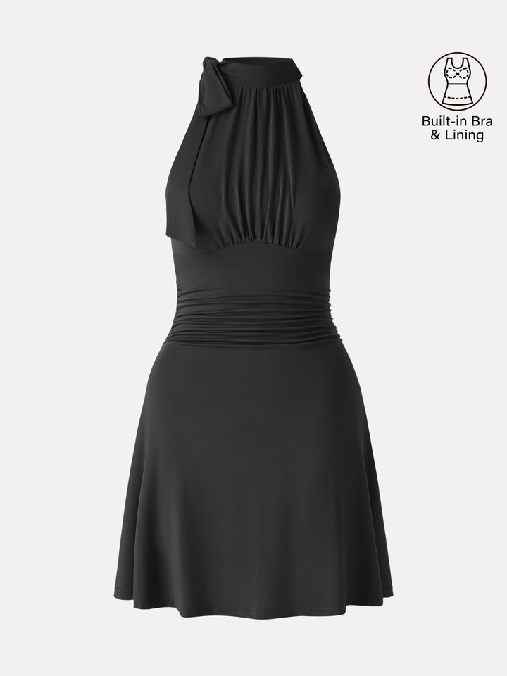 Milky Matte Mockneck Bow Tie Ruched Mini Bra Dress