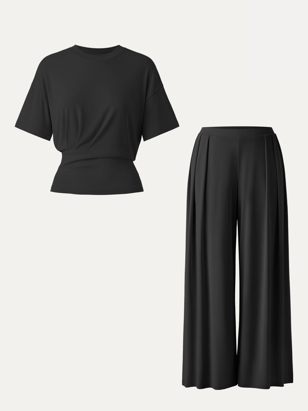 2Pcs Set Crewneck Short Sleeve Tee & Mid Rise Pleated Wide Leg Pant with Pockets