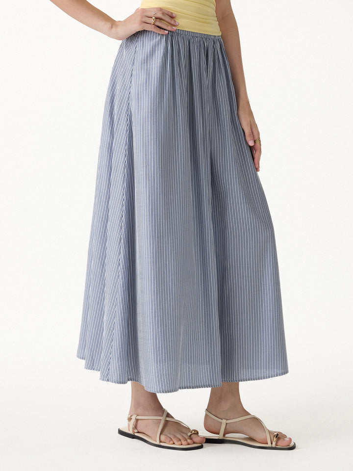 Striped Poplin High Rise Umbrella Midi Skirt with Pockets