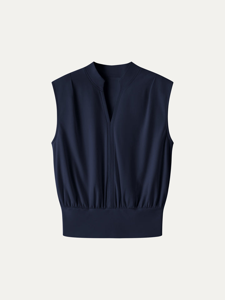 Cotton-Viscose V-neck Stand Collar Sleeveless Top