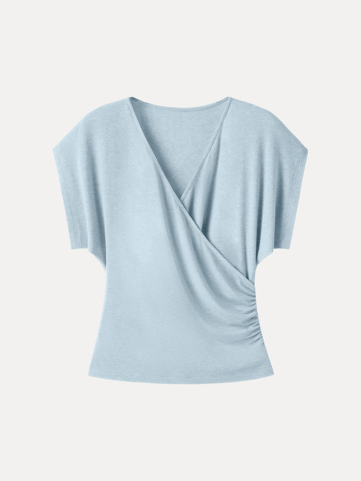Summer Lyocell Wool Suprlice Ruched Short Sleeve Top
