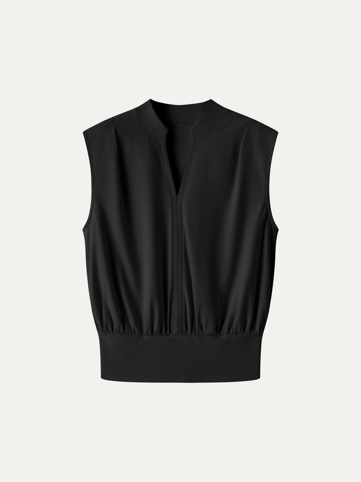 Cotton-Viscose V-neck Stand Collar Sleeveless Top