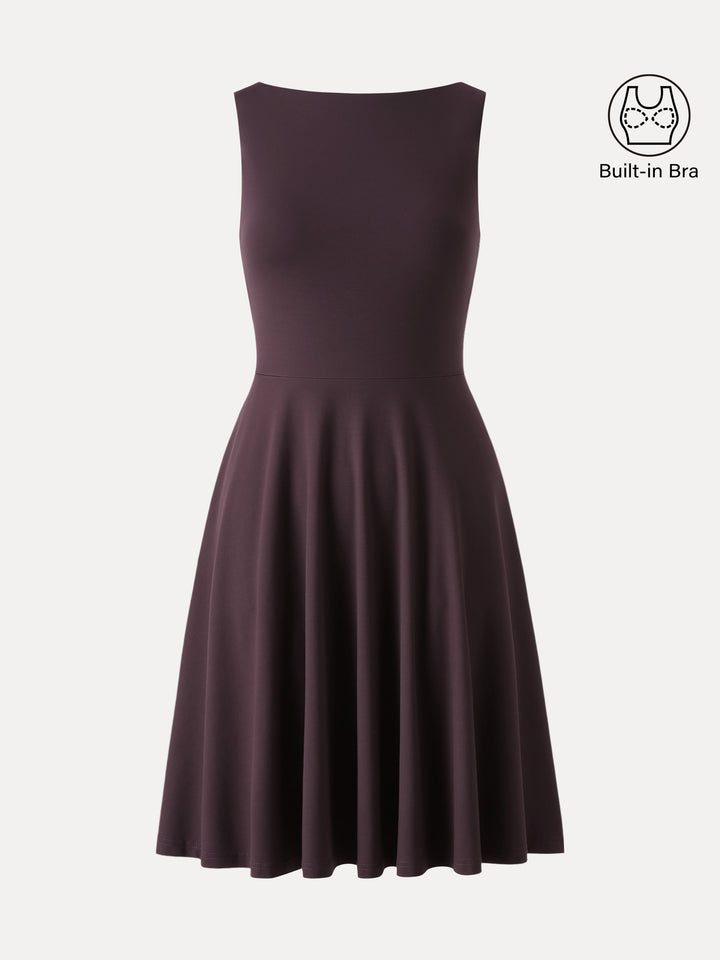 Stretchy Boatneck Fit-and-Flare Mini Bra Dress with Pockets