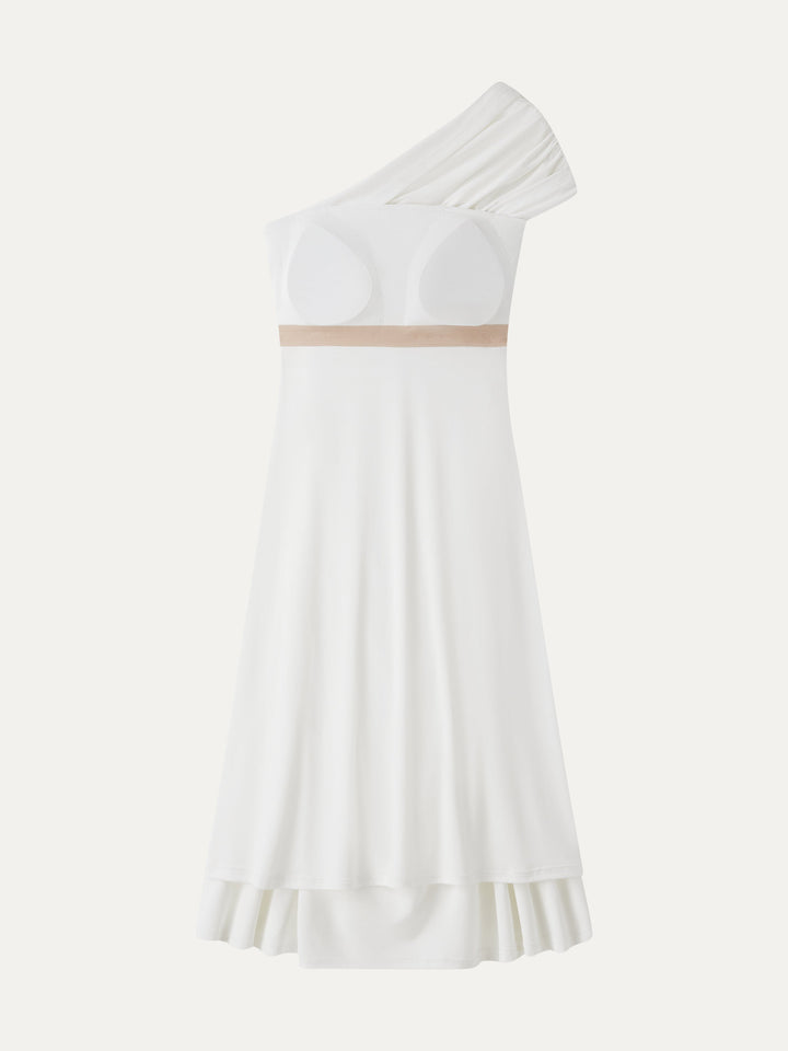 Not-See-Thru One Shoulder Gathered Midi Bra Dress