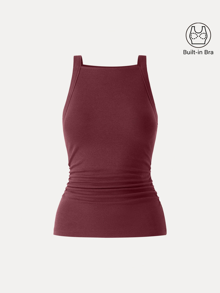 Square Neck Ruched Rib Bra Tank