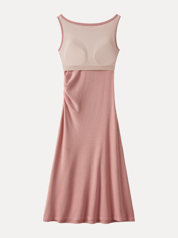 Elegant Boatneck Tucked Fit-and-Flare Midi Bra Dress
