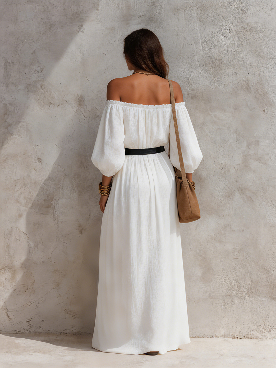 Women's Casual Beige Woven Off-Shoulder Long-Sleeve Maxi Dress (with Belt) MDZ0293G6LXY
