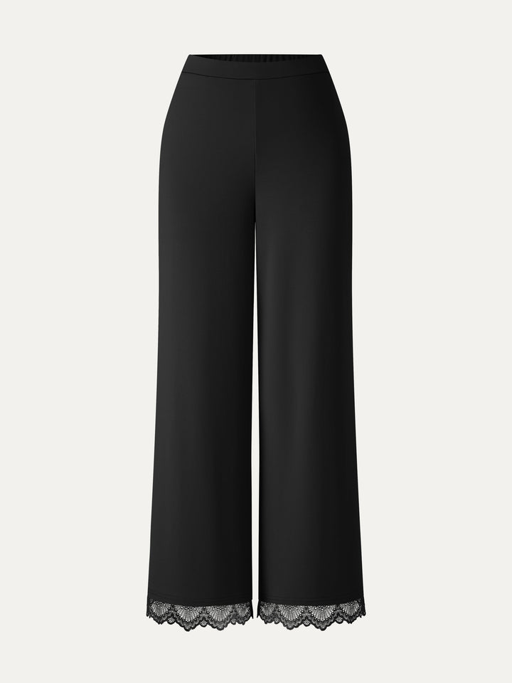 Lace Trim Draped Mid Rise Wide Leg Pants with Pockets