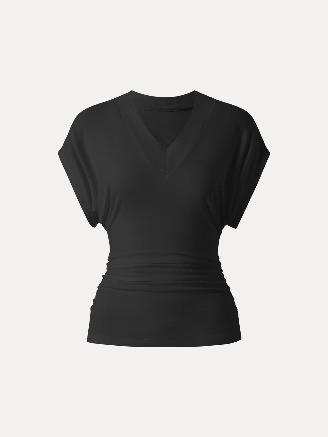 Semi-sheer Lyocell Cashmere Blend V-neck Short Sleeve Side Ruched Tee