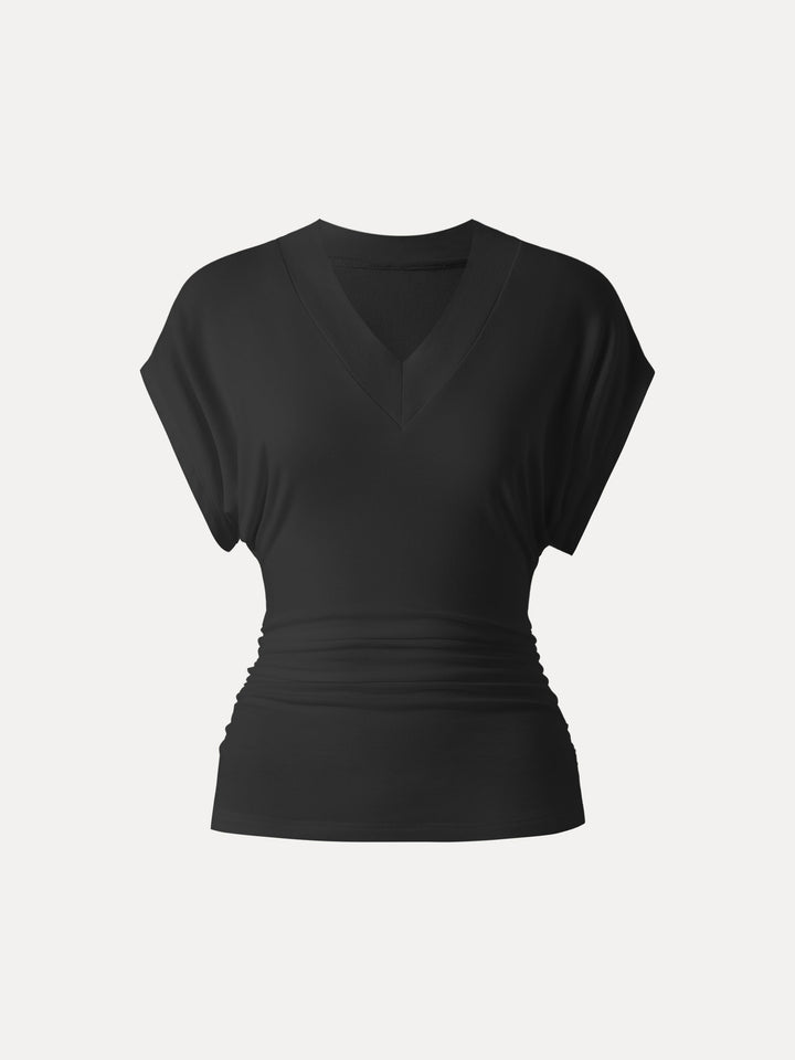 Semi-sheer Lyocell Cashmere Blend V-neck Short Sleeve Side Ruched Tee