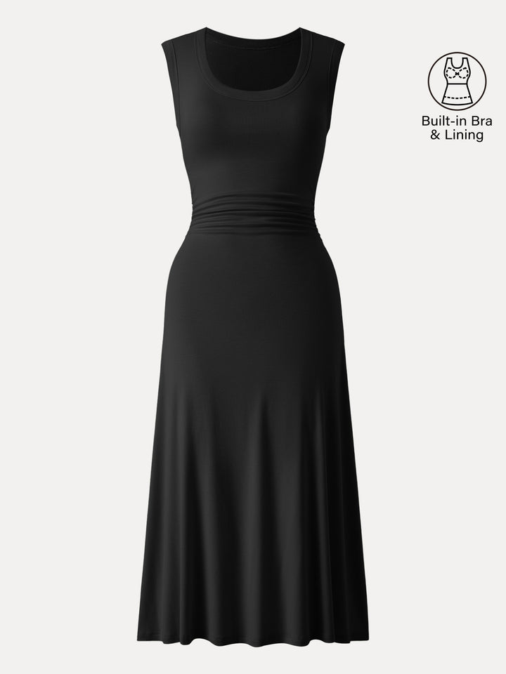 Scoop Neck Side Ruched New Airy Bra Midi Dress