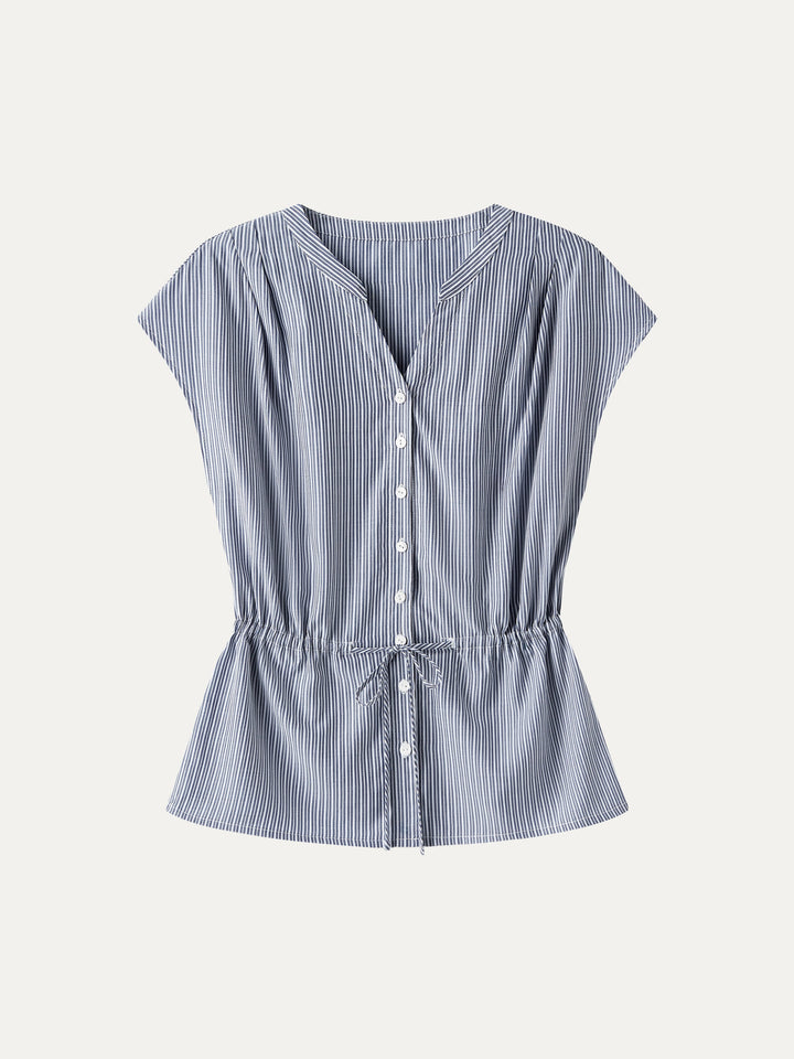 Notched V-Neck Drawstring Waist Poplin Shirt
