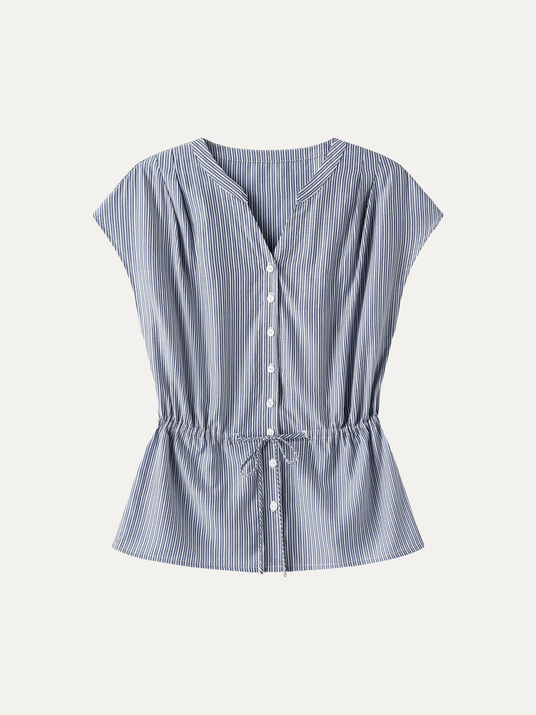 Notched V-Neck Drawstring Waist Poplin Shirt