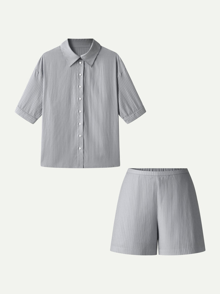 2Pcs Set Collared Sleeve Shirt & A-Line Shorts with Pockets