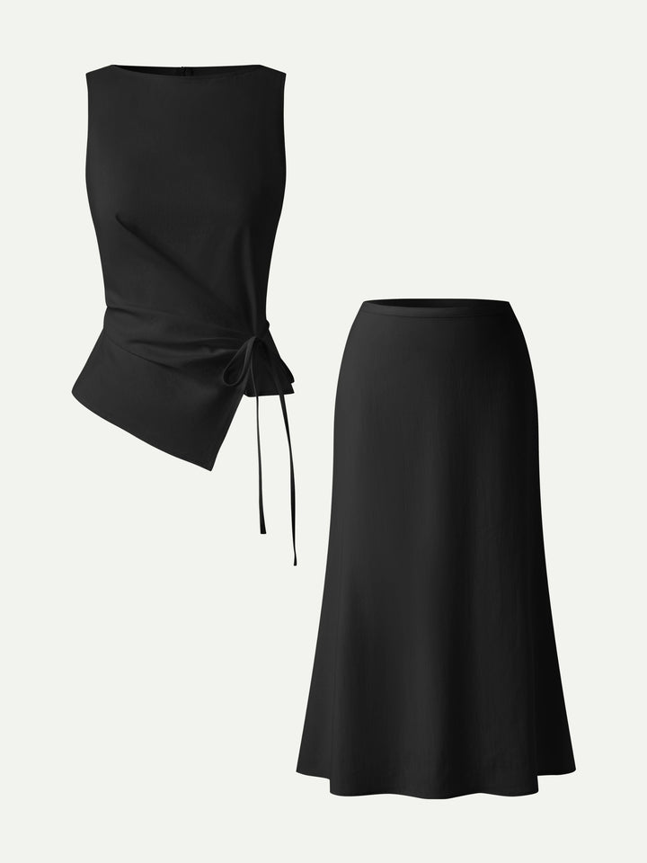 2Pcs Set Boatneck Waist-Defined Top & Maxi Flared Pull-On Skirt
