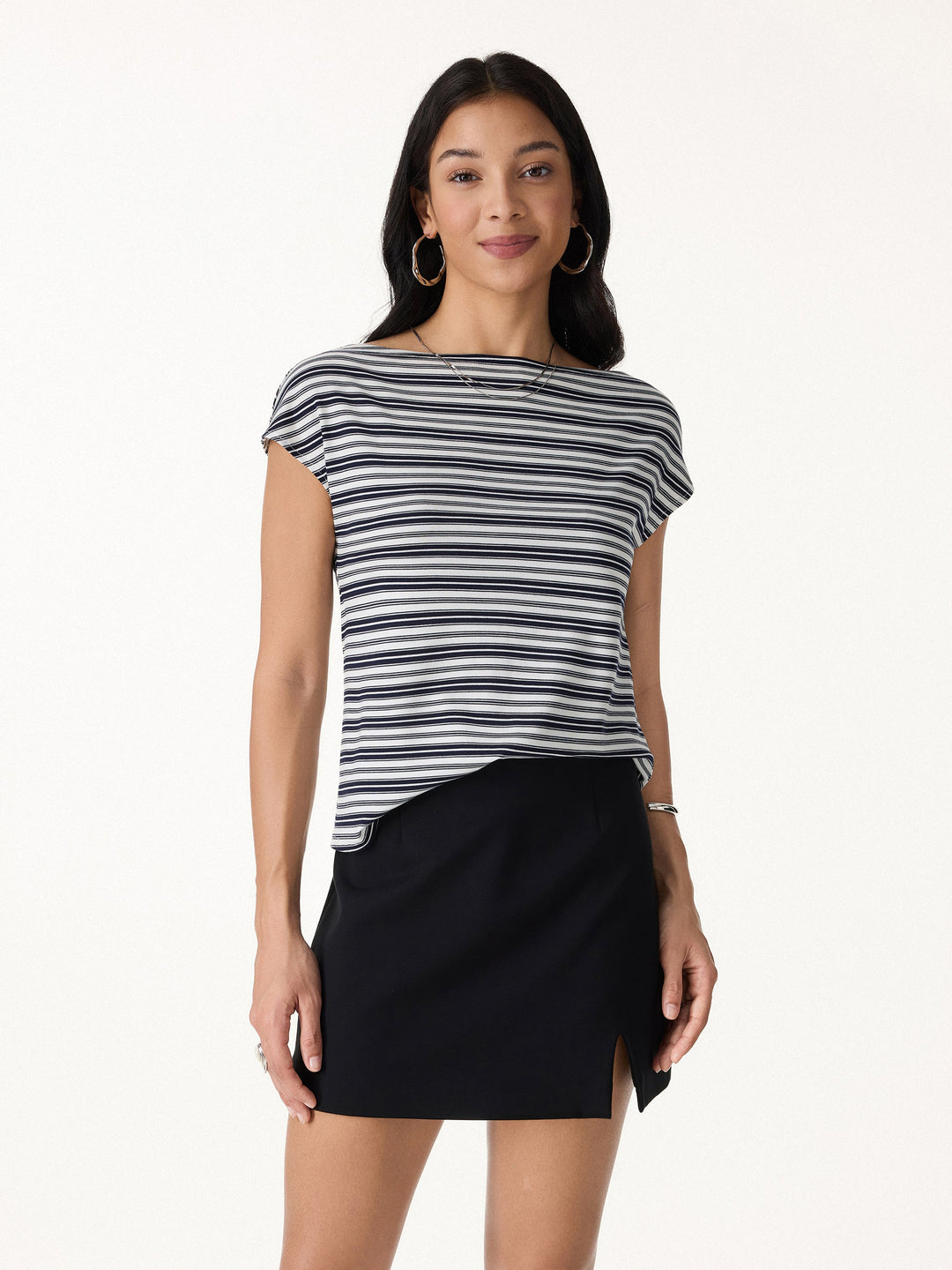 Striped Slash Neck Cap Sleeve Relaxed Top