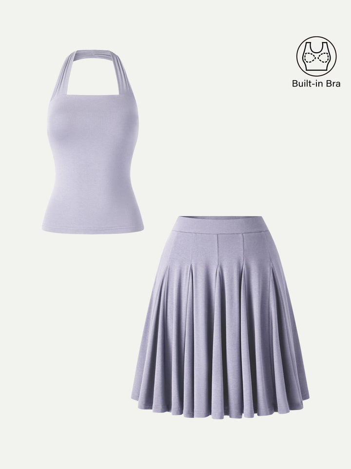 2Pcs Set Halter Going-Out Bra Top & Knee-Length Flare Skirt
