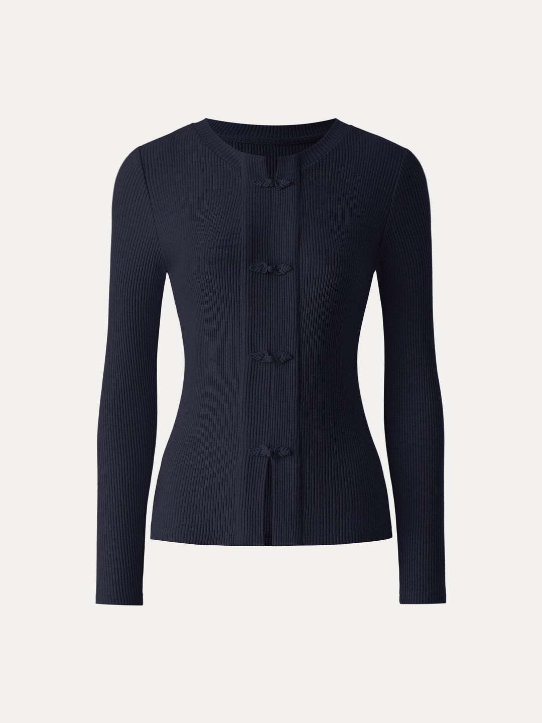 Ribbed Frog Button Round Neck Long Sleeve Top Limited Edition