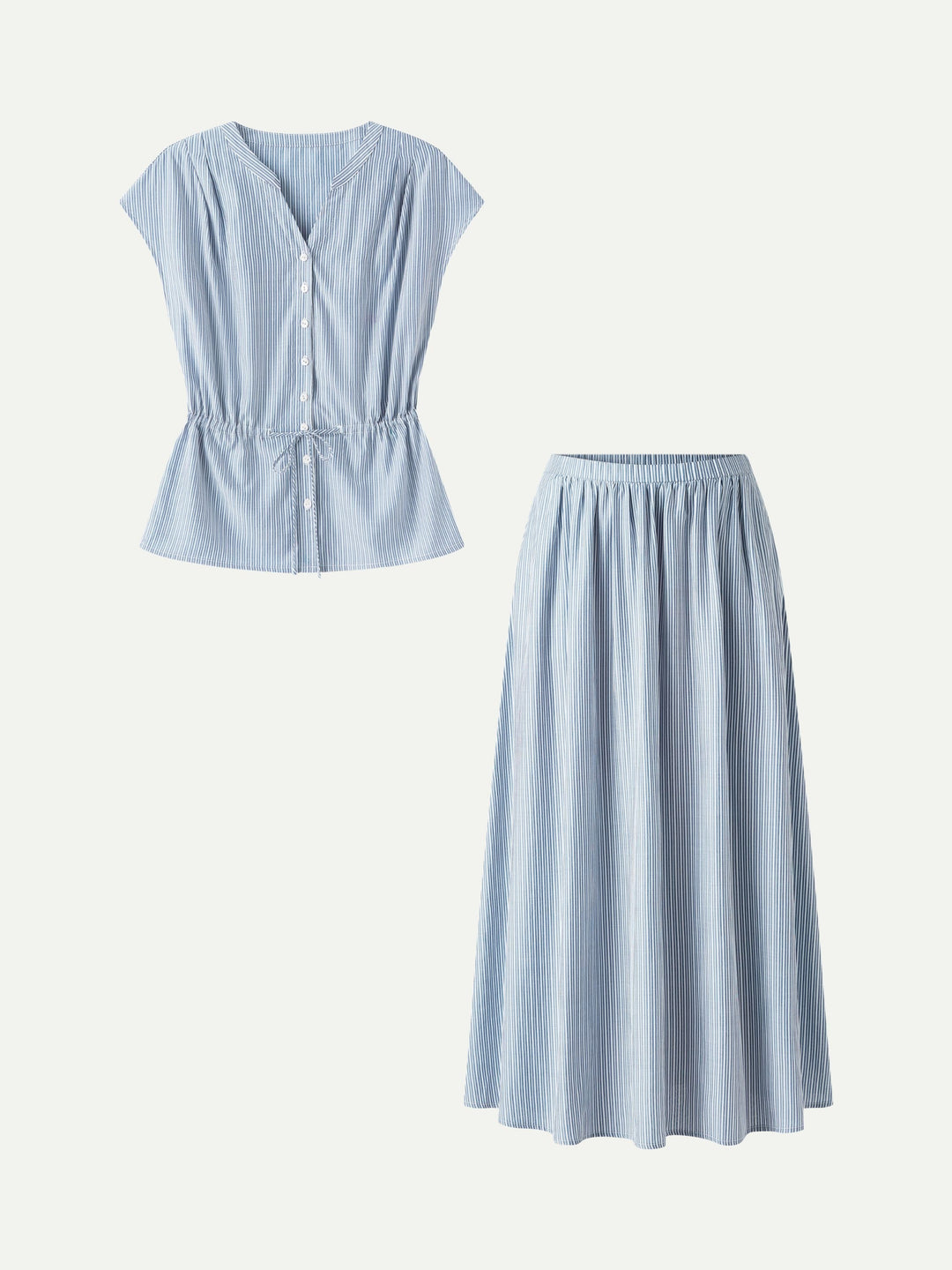 2Pcs Set Drawstring Waist Poplin Shirt & High Rise Midi Skirt with Pockets