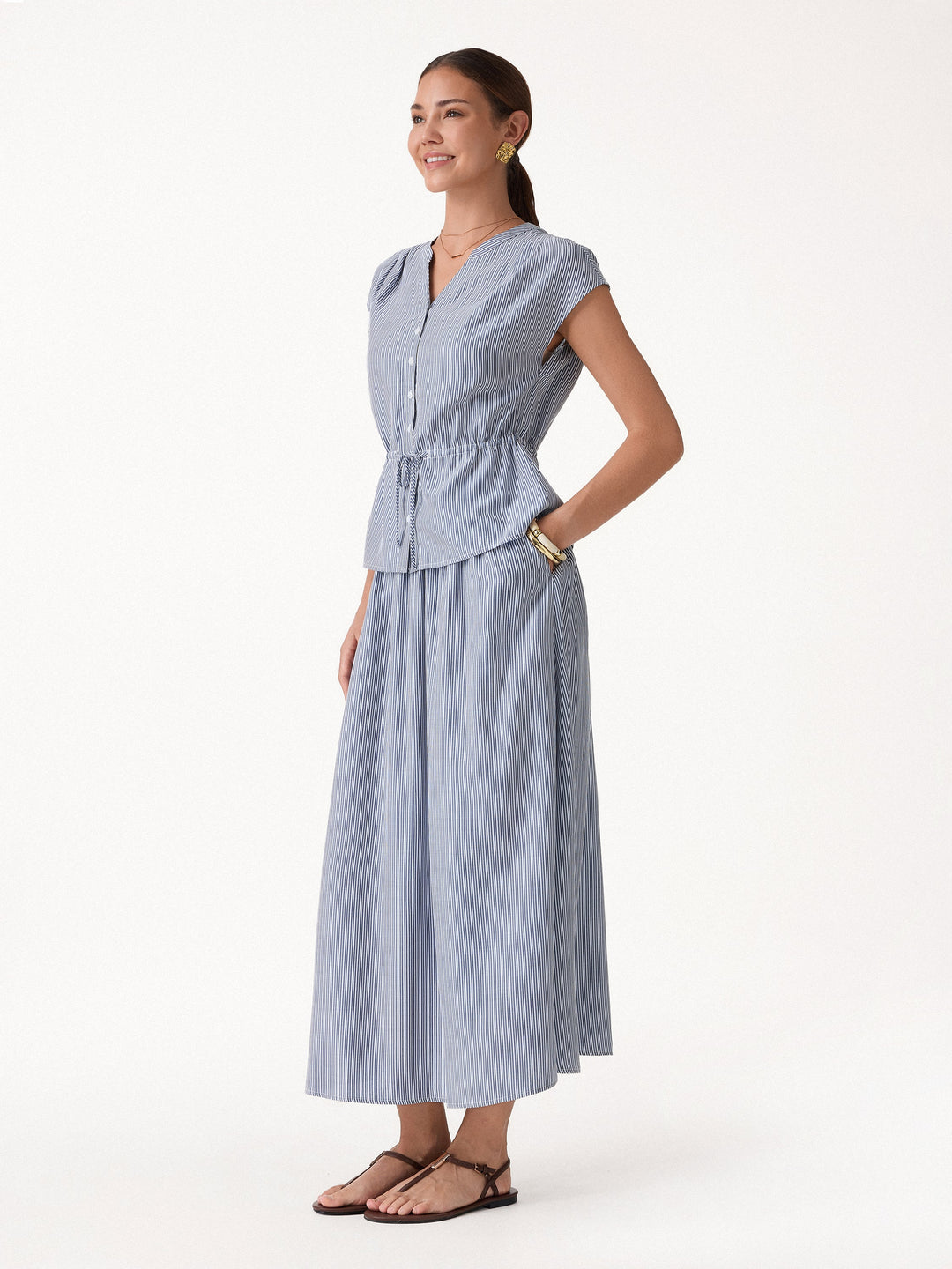 2Pcs Set Drawstring Waist Poplin Shirt & High Rise Midi Skirt with Pockets