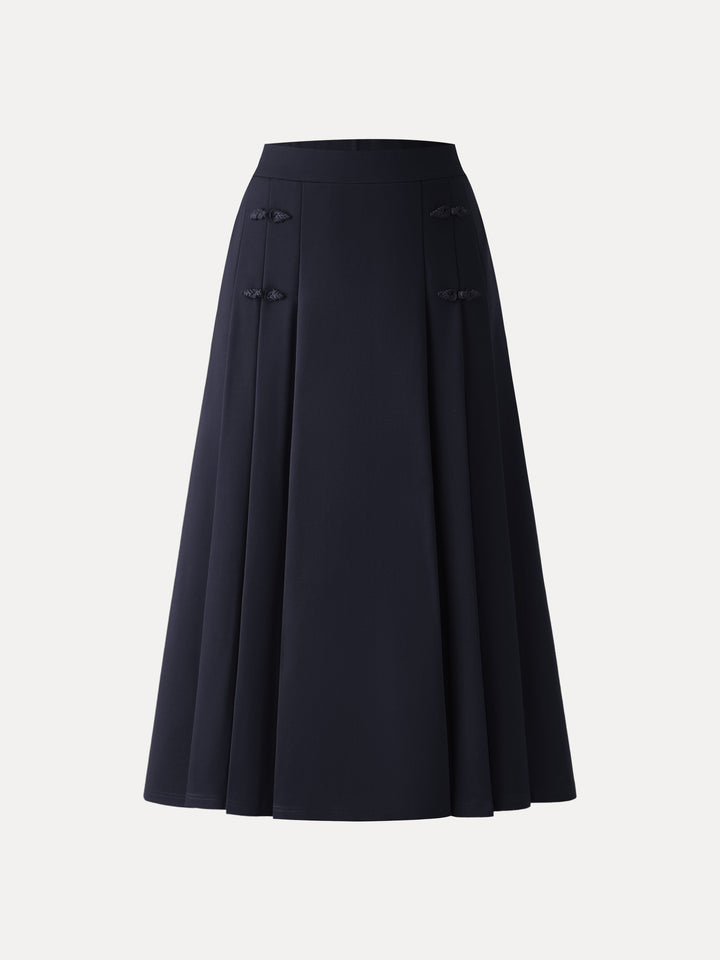Pleated Frog Button Decor Midi A-line Skirt Limited Edition