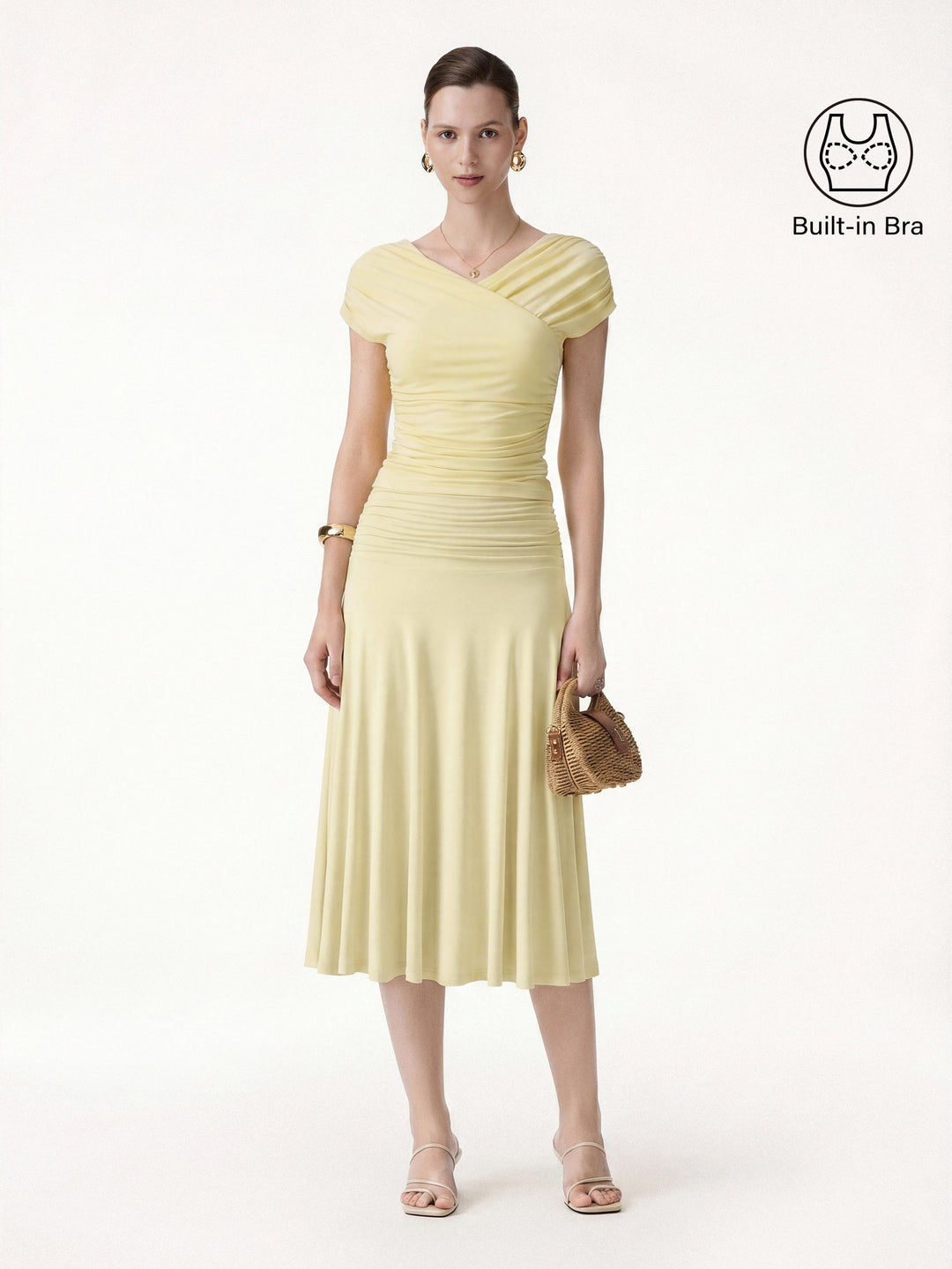 2Pcs Set Surplice V-Neck Bra Top & Side Ruched A-line Midi Skirt