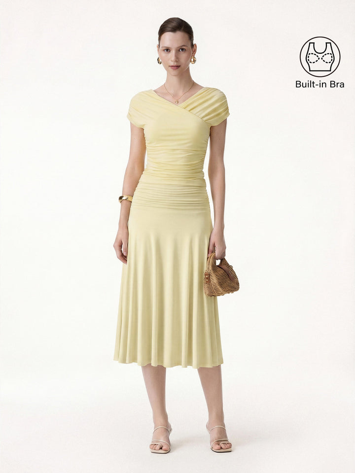2Pcs Set Surplice V-Neck Bra Top & Side Ruched A-line Midi Skirt