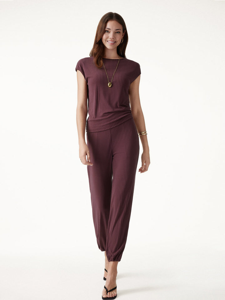 2Pcs Set Wrinkle-Free Cap Sleeve Top & Mid-Rise Cropped Pants