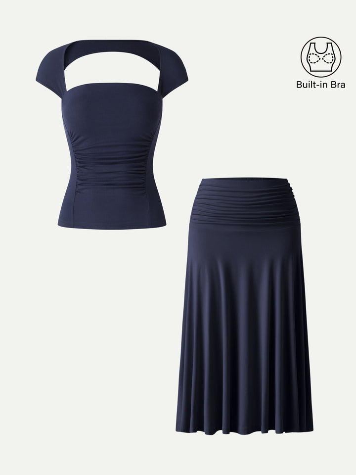 2Pcs Set Square Neck Cutout Back Bra Top & A-line Midi Skirt