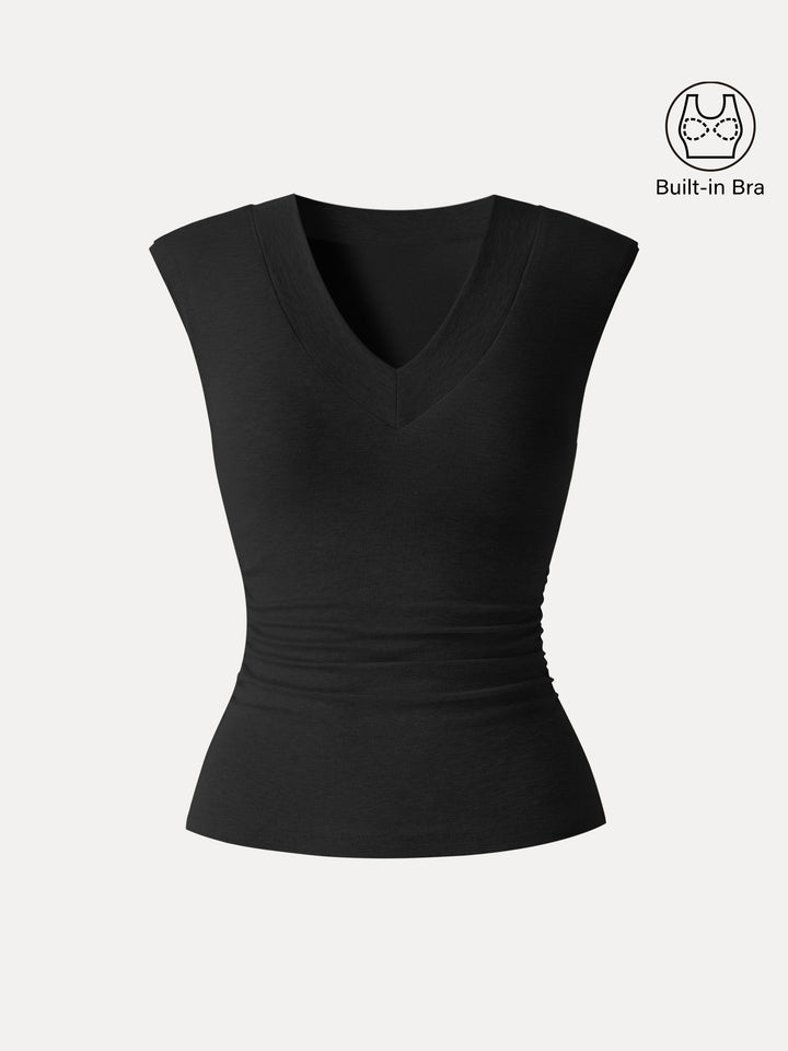 Sweat-Wicking V-Neck Wide Shoulder Ruched Bra Top
