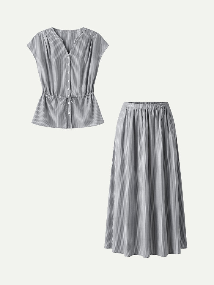 2Pcs Set Drawstring Waist Poplin Shirt & High Rise Midi Skirt with Pockets