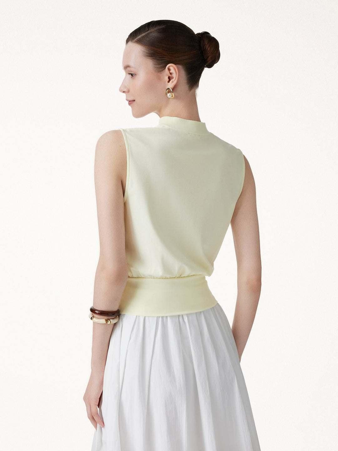 Cotton-Viscose V-neck Stand Collar Sleeveless Top