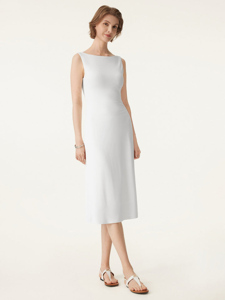 Classy Boatneck Open Back Bandless Midi Bra Dress
