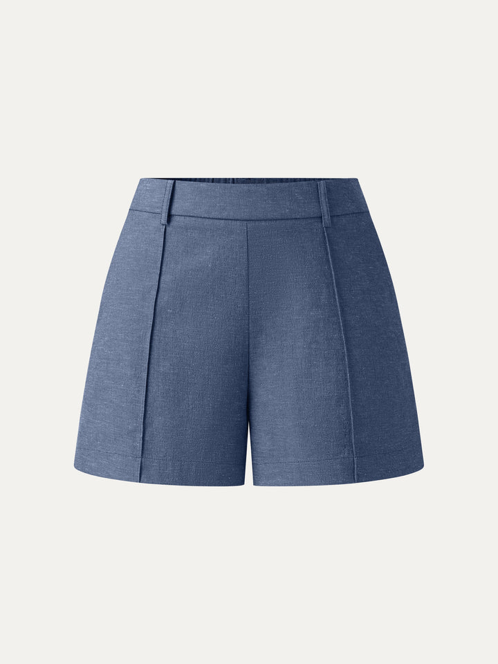 Linen-Like Mid Rise Pintuck Shorts with Pockets
