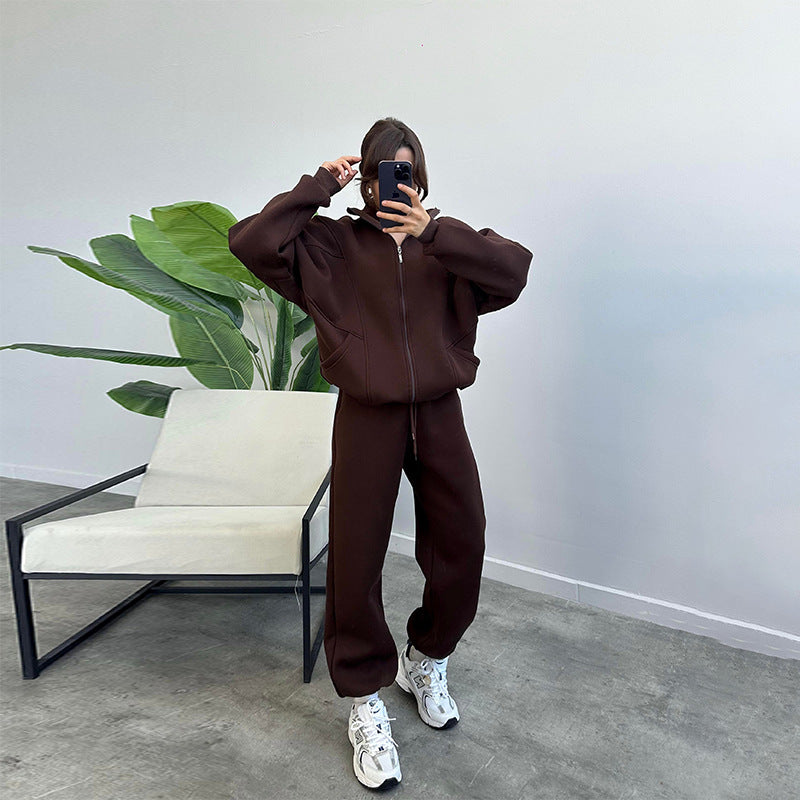 Women's Tracksuit Set - Zip Cardigan & Drawstring Trousers with Pockets