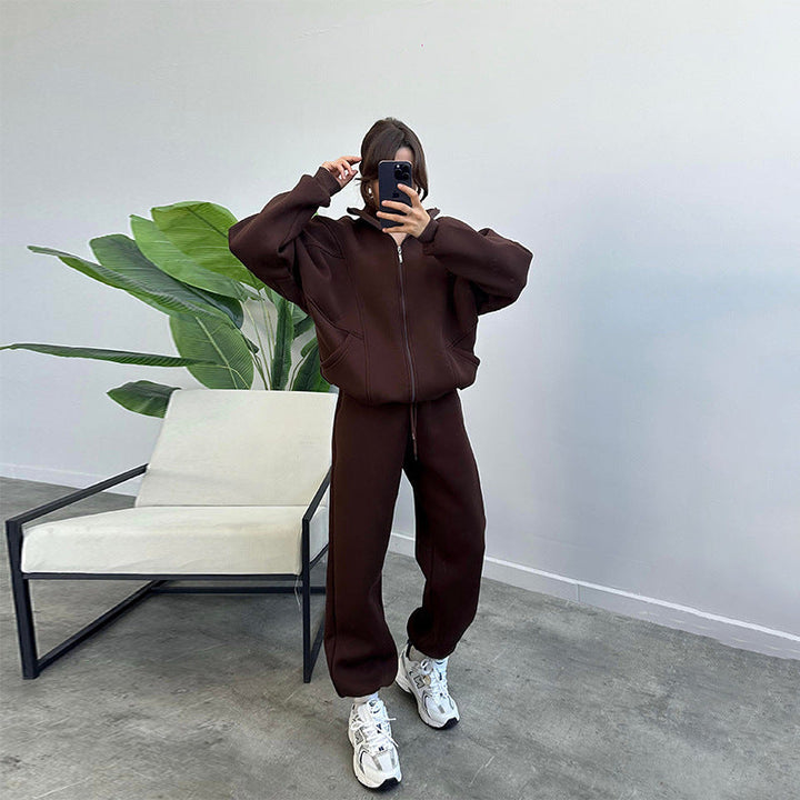 Women's Tracksuit Set - Zip Cardigan & Drawstring Trousers with Pockets