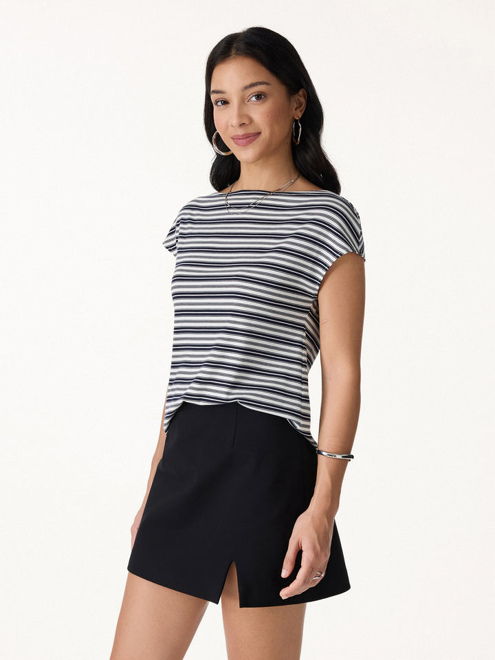 Striped Slash Neck Cap Sleeve Relaxed Top