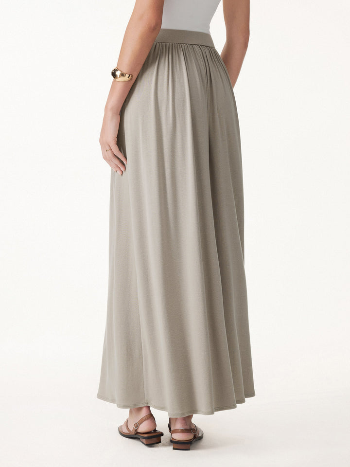 2Pcs Set Round Neck Top & A-Line Maxi Skirt with Pockets