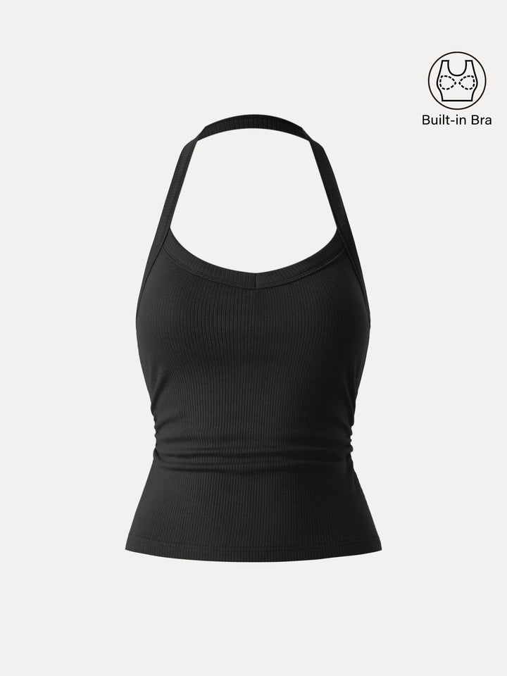 Halter Neck Side Ruched Ribbed Bra Tank