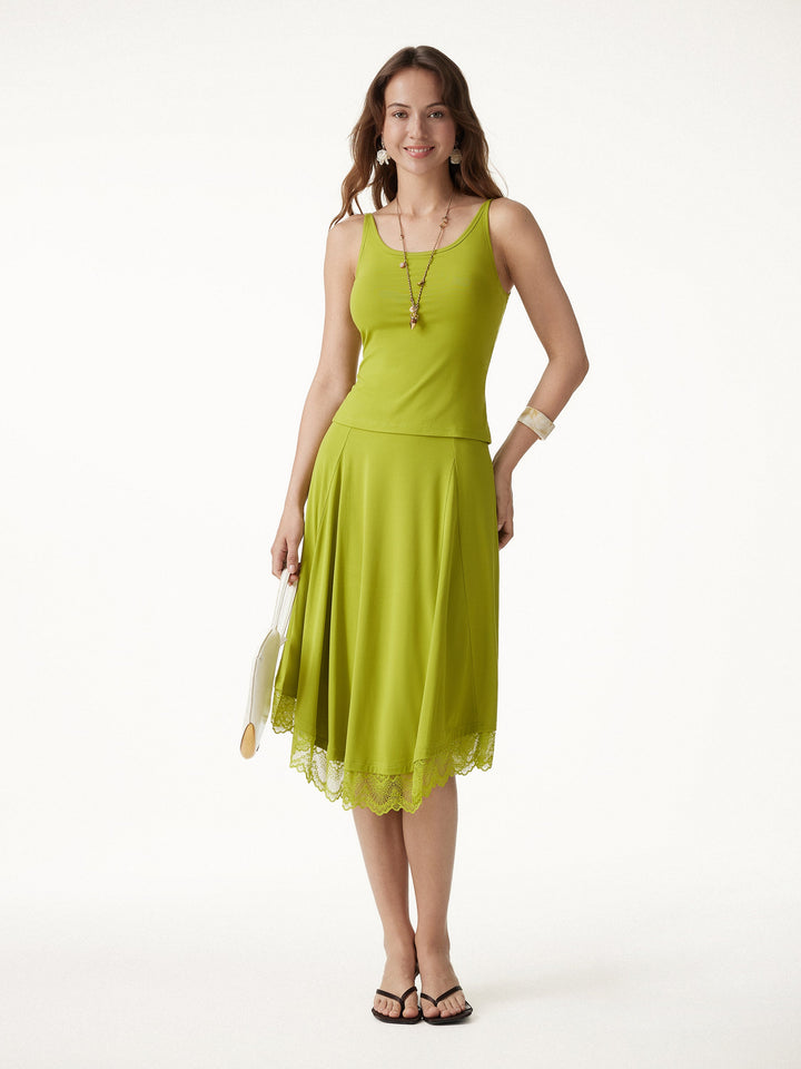 Lace Trim Midi Circle Flare Skirt