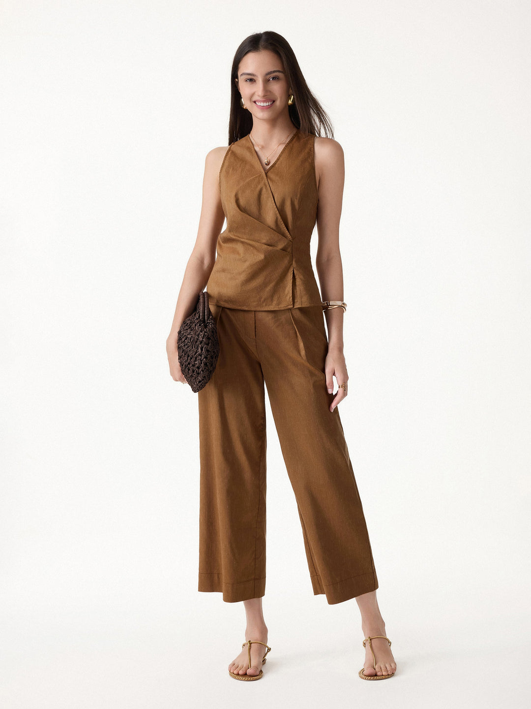 2Pcs Set Top with Side Twist & Cropped Wide Leg Pants
