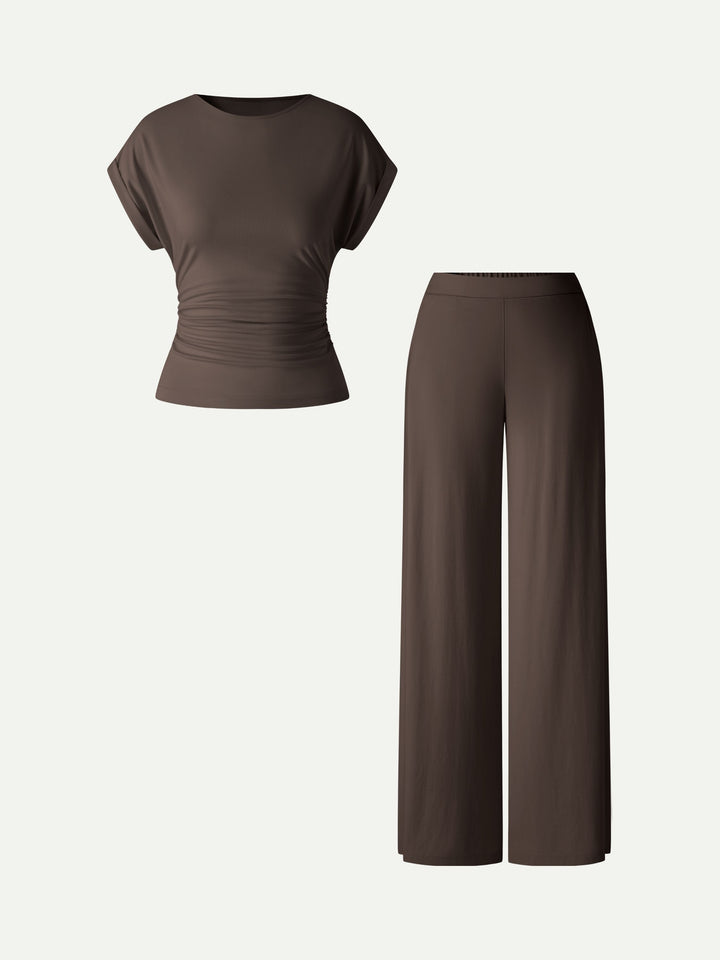 2Pcs Set Round Neck Ruched Tee & Mid Rise Wide Leg Pants
