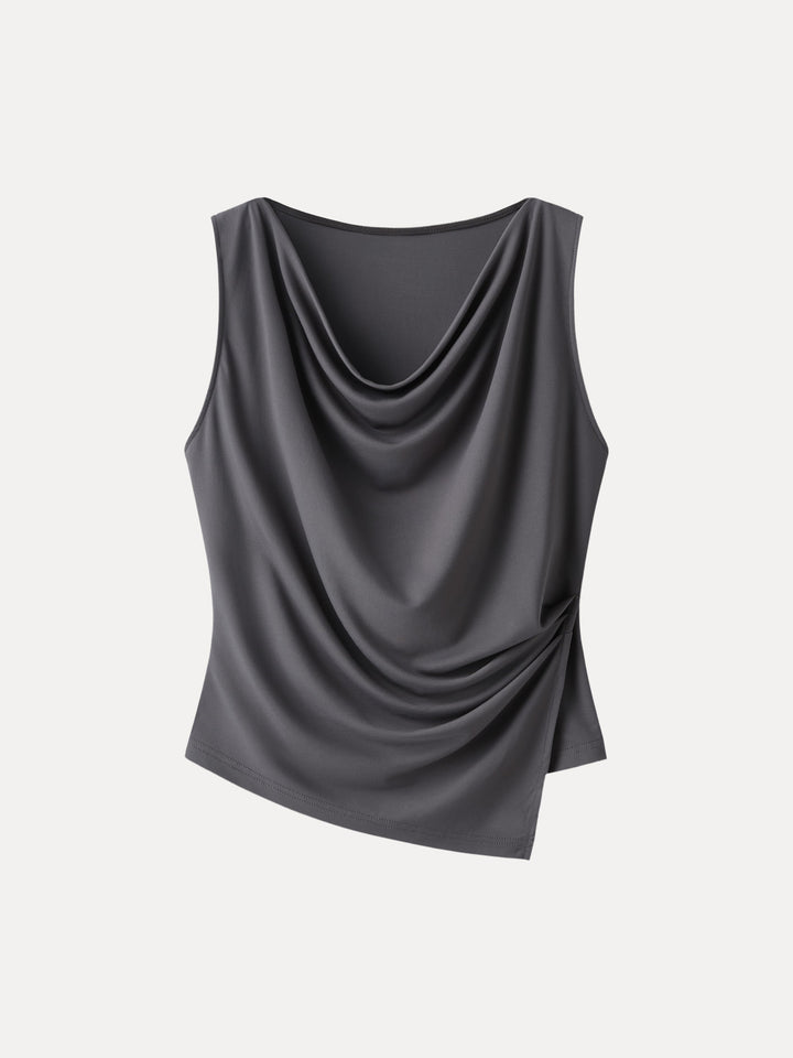Cowl Neck Asymmetrical Tucked Sleeveless Top