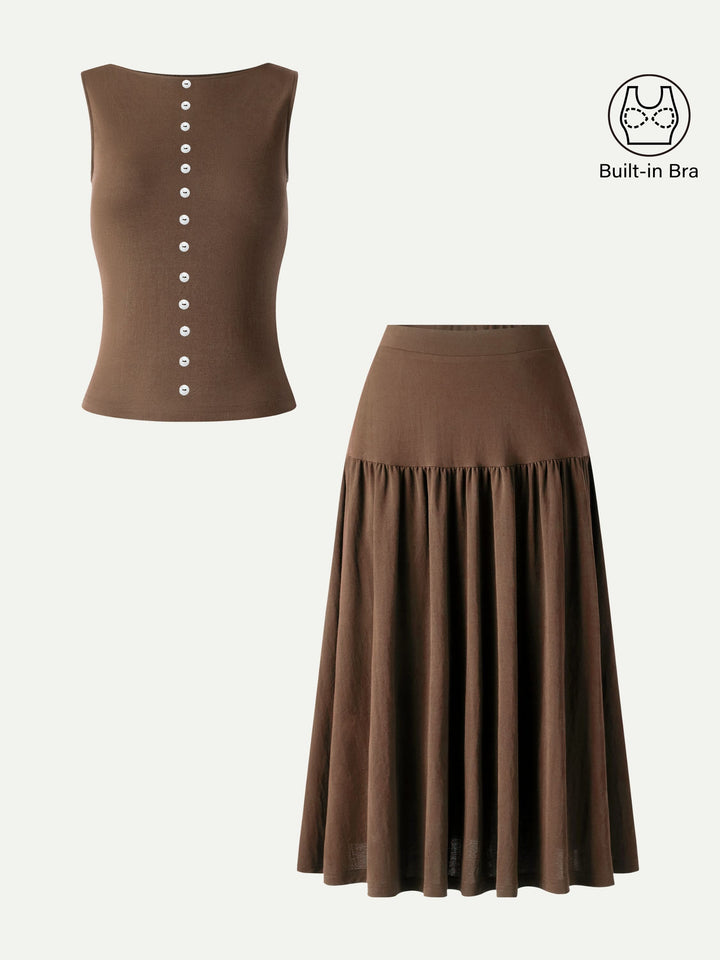 2Pcs Set Cropped Bra Top & Midi Skirt with Pockets