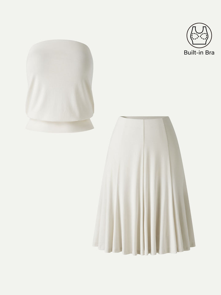 2Pcs Set Banded Hem Bra Top & Knee-Length Skirt