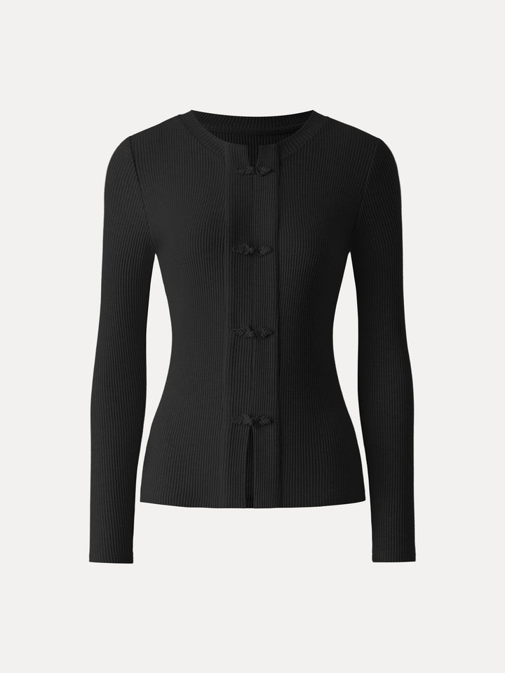Ribbed Frog Button Round Neck Long Sleeve Top Limited Edition