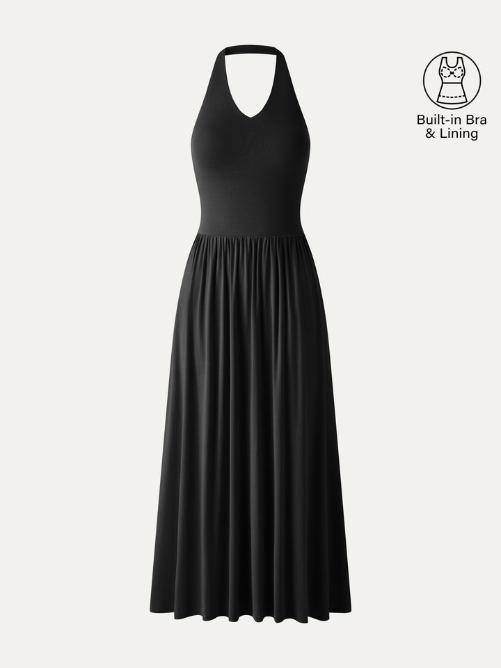 SkinKiss Halter Ruched Midi Bra Dress with Pockets