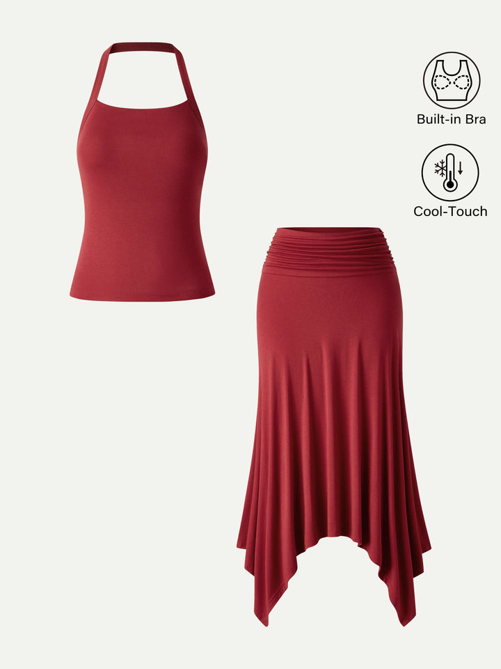 2Pcs Set Sleek Halter Bra Top & Handkerchief Hem Ankled Skirt